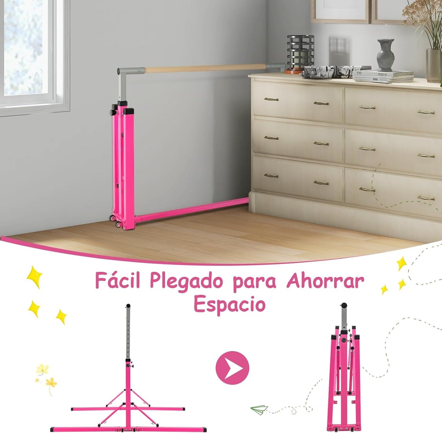 Barra Entrenamiento Gimnasia Plegable ancho 136 cm Altura Ajustable hasta 150 cm.